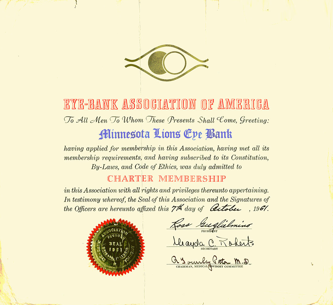 Certificate of charter membership in Eye Bank Association of America