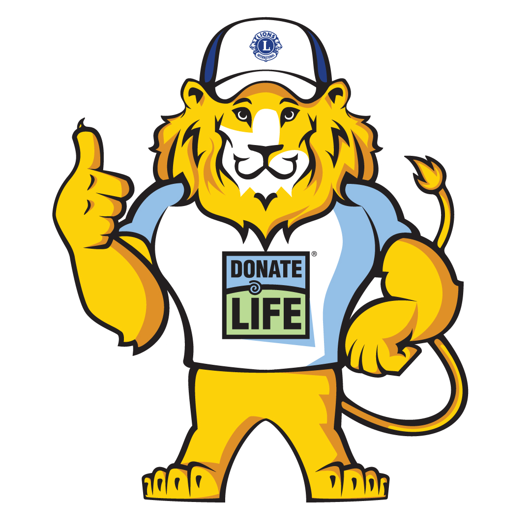 Lion wearing a t-shirt with Donate Life logo and a cap with Lions International logo. Full body lion with "thumbs up" gesture.