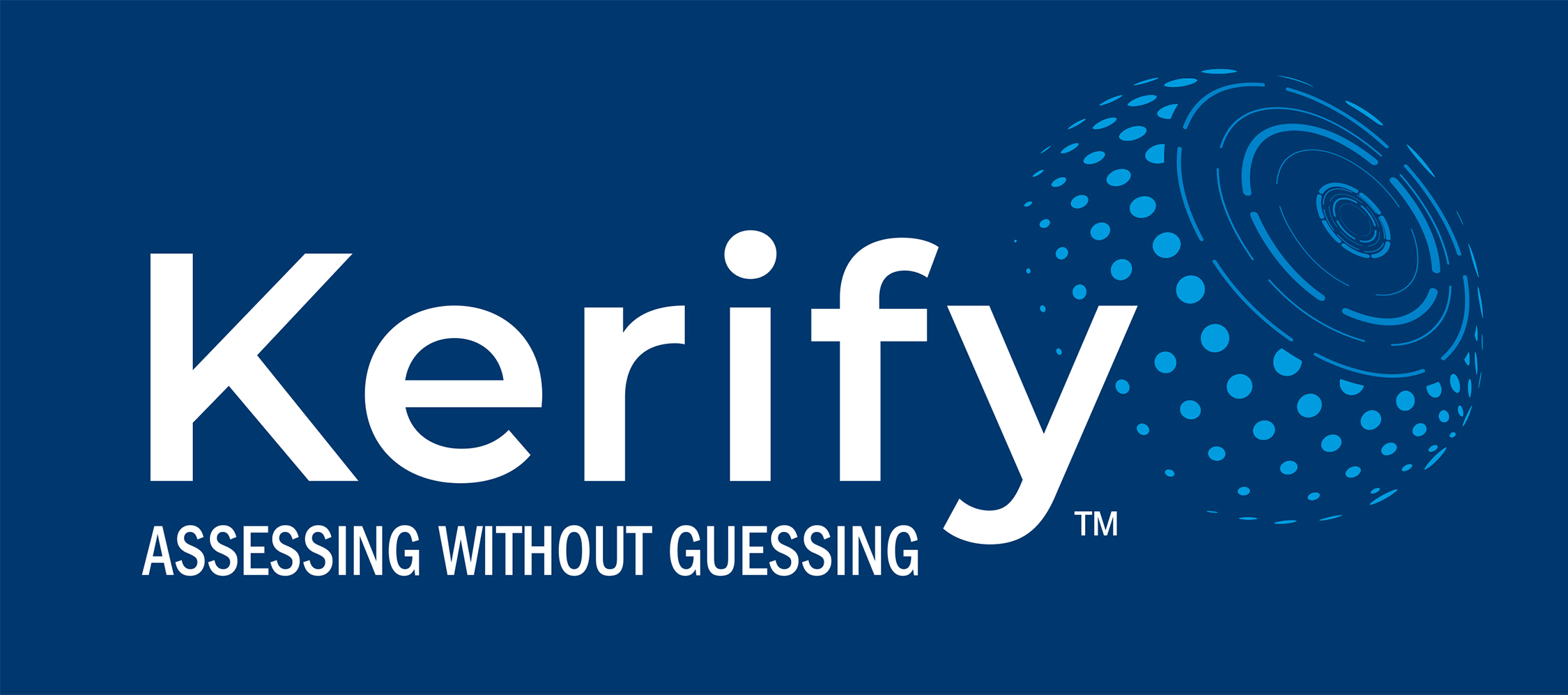 Logo of Kerify (trademarked) - White on blue background. Includes the tagline Assessing without Guessing
